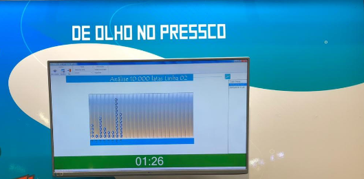 Televisor no chão de fábrica exibindo o painel de acompanhamento da linha
